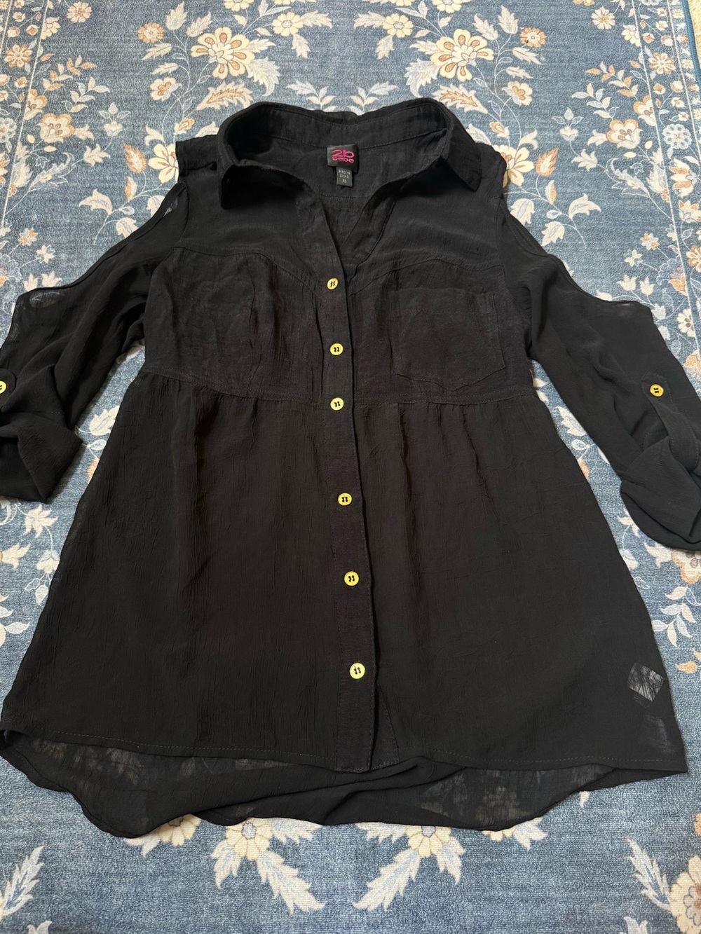 Vintage Y2K 2b Bebe Black Gauze Cutout Sleeve Babydoll Witchy Alt Shirt Size XS